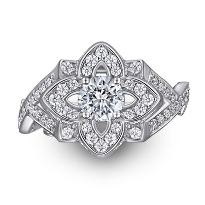 925 Sterling Silver Rose & Clover Ring – Elegant Floral Zircon Jewelry
