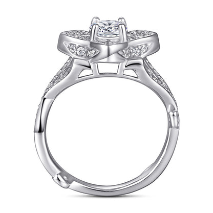 925 Sterling Silver Rose & Clover Ring – Elegant Floral Zircon Jewelry