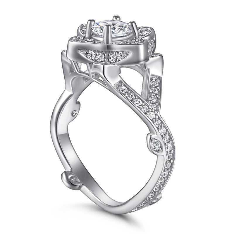 925 Sterling Silver Rose & Clover Ring – Elegant Floral Zircon Jewelry