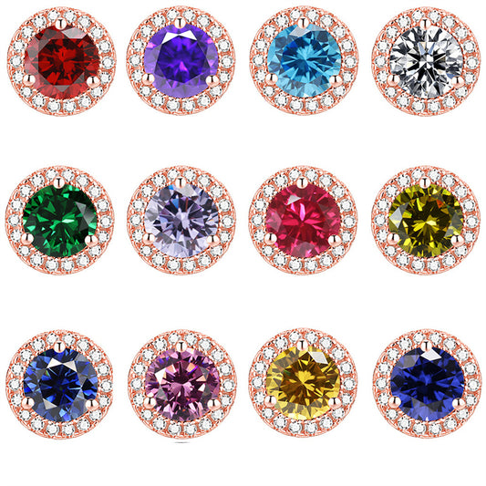 925 Sterling Silver Round Birthstone Stud Earrings – Zodiac-Inspired Zircon Jewelry Collection