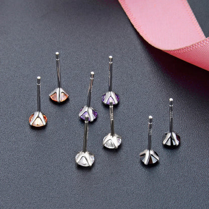 925 Sterling Silver Round Cut Diamond Stud Earrings0.5-0.8g, White/Black/Purple/Champagne CZ Options with Rubber Backs, Unisex Minimalist Jewelry
