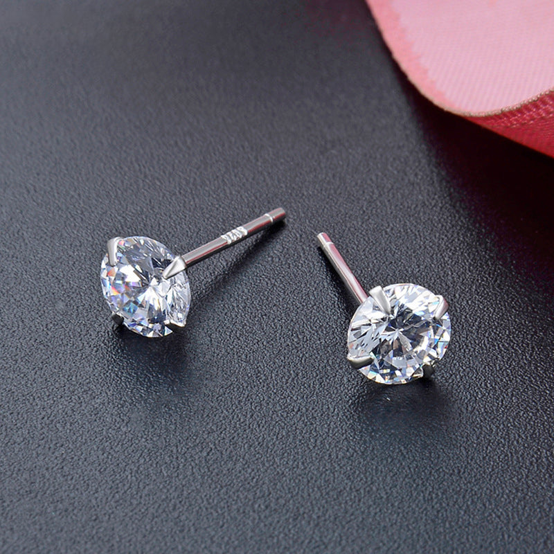 925 Sterling Silver Round Cut Diamond Stud Earrings0.5-0.8g, White/Black/Purple/Champagne CZ Options with Rubber Backs, Unisex Minimalist Jewelry