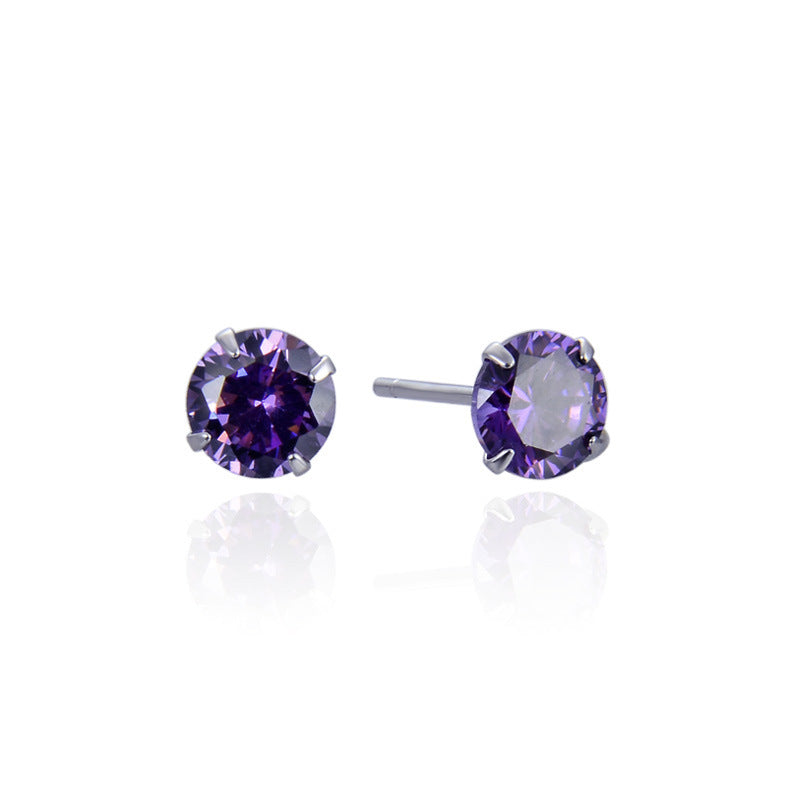 925 Sterling Silver Round Cut Diamond Stud Earrings0.5-0.8g, White/Black/Purple/Champagne CZ Options with Rubber Backs, Unisex Minimalist Jewelry