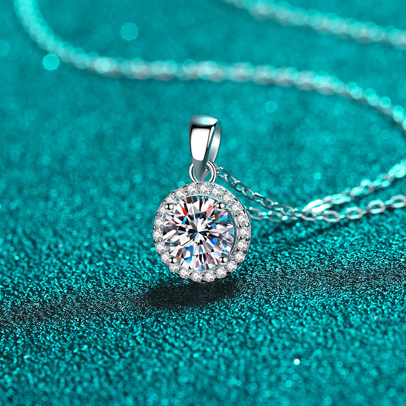 925 Sterling Silver Round Halo Pendant Necklace - 1CT Moissanite PT950-Plated Collarbone Chain