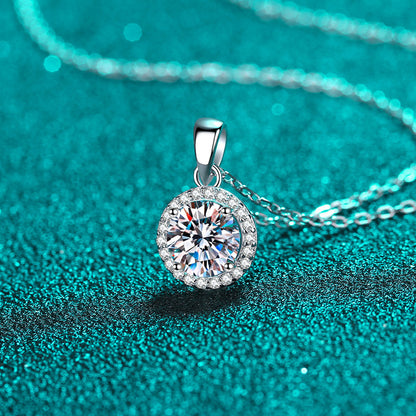 925 Sterling Silver Round Halo Pendant Necklace - 1CT Moissanite PT950-Plated Collarbone Chain