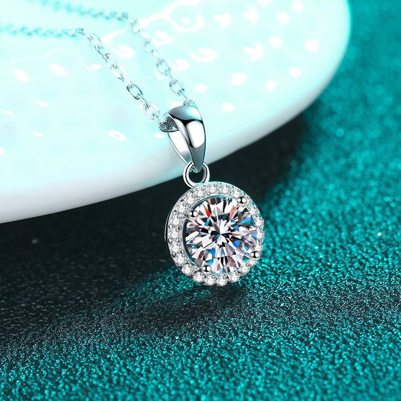 925 Sterling Silver Round Halo Pendant Necklace - 1CT Moissanite PT950-Plated Collarbone Chain
