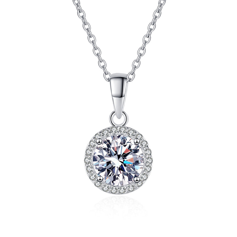925 Sterling Silver Round Halo Pendant Necklace - 1CT Moissanite PT950-Plated Collarbone Chain