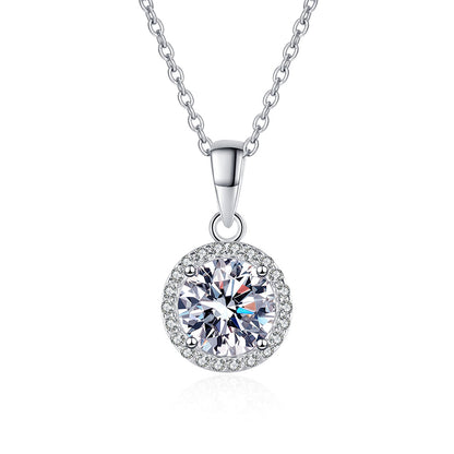 925 Sterling Silver Round Halo Pendant Necklace - 1CT Moissanite PT950-Plated Collarbone Chain