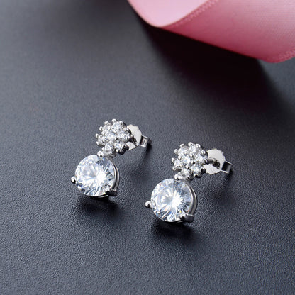 925 Sterling Silver Round Stud Earrings - Korean Style Diamond Accent Geometric Earrings with Plastic Stoppers