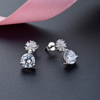 925 Sterling Silver Round Stud Earrings - Korean Style Diamond Accent Geometric Earrings with Plastic Stoppers