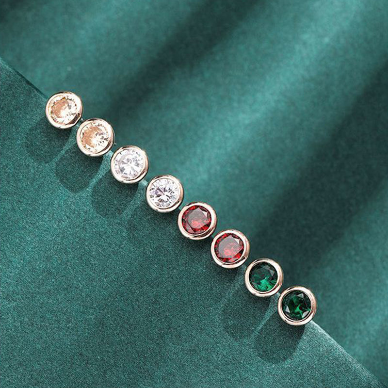 925 Sterling Silver Round Stud Earrings - White/Green/Red/Champagne Zircon Korean Style Geometric Earrings