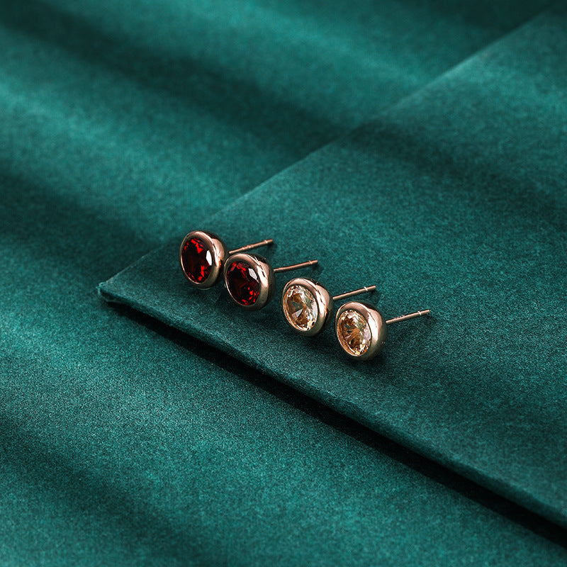 925 Sterling Silver Round Stud Earrings - White/Green/Red/Champagne Zircon Korean Style Geometric Earrings
