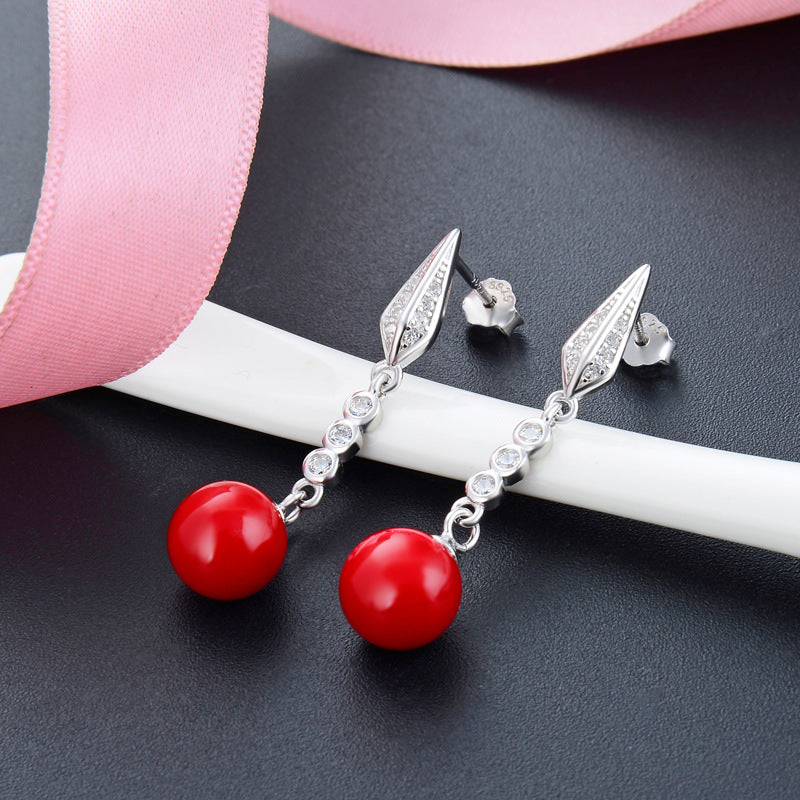 925 Sterling Silver Shell Pearl Drop Earrings-White & Red Geometric Korean Style Dangle Earrings for Women