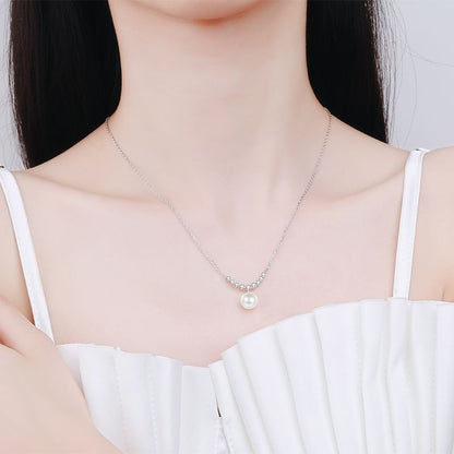 925 Sterling Silver Smiley Face Pendant Necklace - 0.36CT Moissanite & 8mm Freshwater Pearl Chain