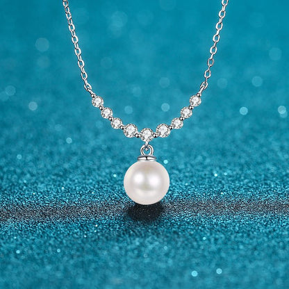 925 Sterling Silver Smiley Face Pendant Necklace - 0.36CT Moissanite & 8mm Freshwater Pearl Chain