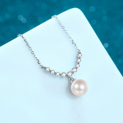 925 Sterling Silver Smiley Face Pendant Necklace - 0.36CT Moissanite & 8mm Freshwater Pearl Chain