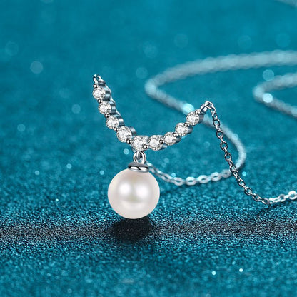 925 Sterling Silver Smiley Face Pendant Necklace - 0.36CT Moissanite & 8mm Freshwater Pearl Chain