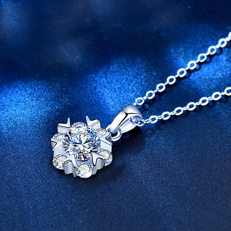 925 Sterling Silver Snowflake Pendant Necklace with 1ct/2ct Moissanite & Cross Chain - Rhodium Plated Chic Winter Jewelry