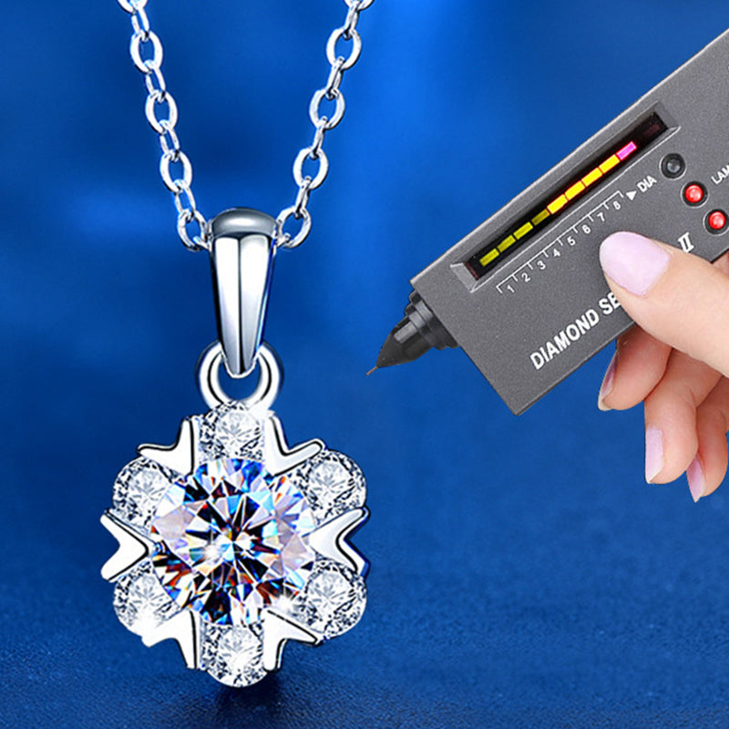925 Sterling Silver Snowflake Pendant Necklace with 1ct/2ct Moissanite & Cross Chain - Rhodium Plated Chic Winter Jewelry