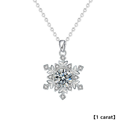 925 Sterling Silver Snowflake Pendant Necklace with 1ct or 2ct Moissanite (White/Yellow Gold) Cross Chain Women's Versatile Jewelry
