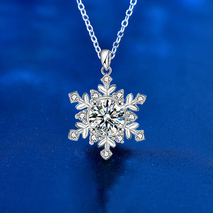 925 Sterling Silver Snowflake Pendant Necklace with 1ct or 2ct Moissanite (White/Yellow Gold) Cross Chain Women's Versatile Jewelry