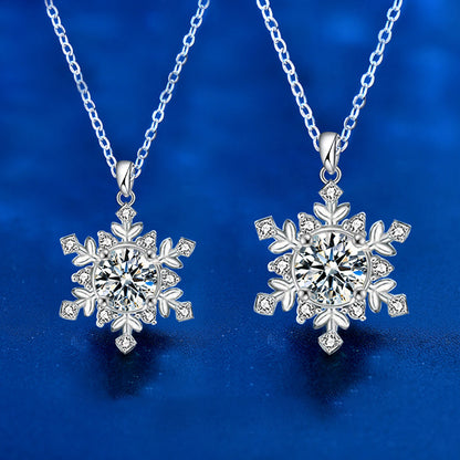 925 Sterling Silver Snowflake Pendant Necklace with 1ct or 2ct Moissanite (White/Yellow Gold) Cross Chain Women's Versatile Jewelry