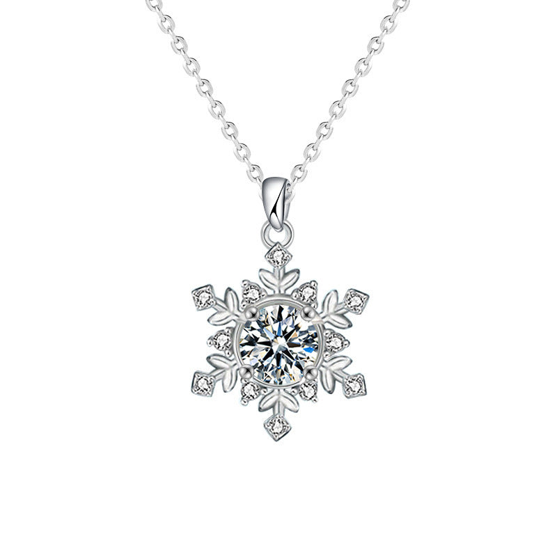 925 Sterling Silver Snowflake Pendant Necklace with 1ct or 2ct Moissanite (White/Yellow Gold) Cross Chain Women's Versatile Jewelry