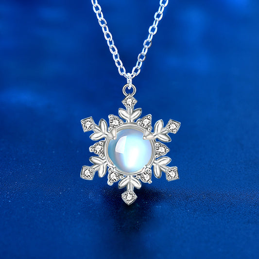 925 Sterling Silver Snowflake Pendant Necklace with Moonstone Cross Chain Women's White Gold Plated Office Jewelry