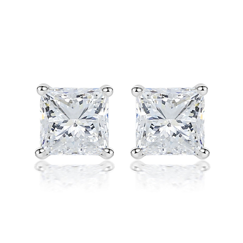 925 Sterling Silver Solitaire Square Earrings for Women Minimalist Four-Prong Zircon Stud Earrings White Gold Plated