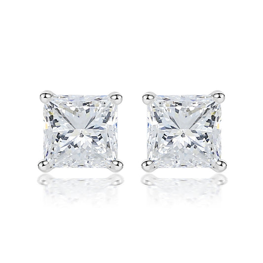 925 Sterling Silver Solitaire Square Earrings for Women Minimalist Four-Prong Zircon Stud Earrings White Gold Plated