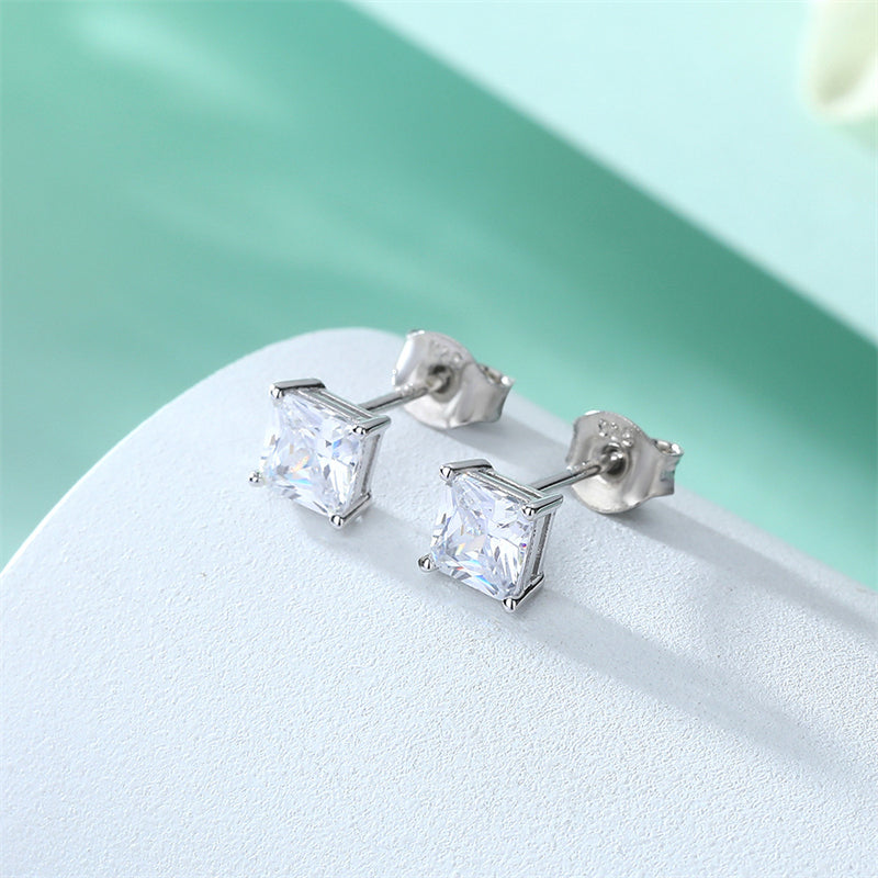 925 Sterling Silver Solitaire Square Earrings for Women Minimalist Four-Prong Zircon Stud Earrings White Gold Plated