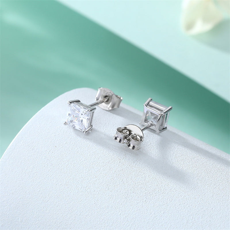 925 Sterling Silver Solitaire Square Earrings for Women Minimalist Four-Prong Zircon Stud Earrings White Gold Plated