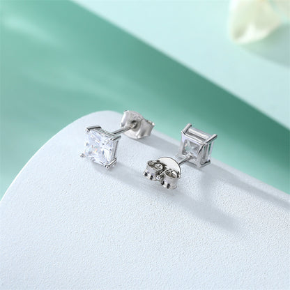 925 Sterling Silver Solitaire Square Earrings for Women Minimalist Four-Prong Zircon Stud Earrings White Gold Plated