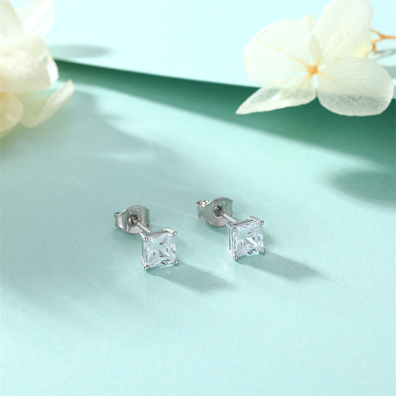 925 Sterling Silver Solitaire Square Earrings for Women Minimalist Four-Prong Zircon Stud Earrings White Gold Plated