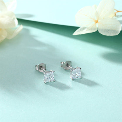 925 Sterling Silver Solitaire Square Earrings for Women Minimalist Four-Prong Zircon Stud Earrings White Gold Plated