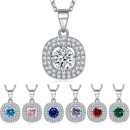 925 Sterling Silver Square Birthstone Necklace - Modern Colorful Pendant
