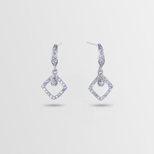 925 Sterling Silver Square Drop Earrings - White Gold/Rose Gold Plated Women's Elegant Dangle Earrings with Plastic Stoppers