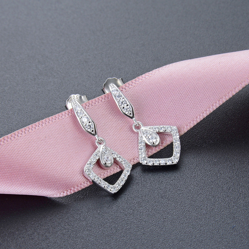 925 Sterling Silver Square Drop Earrings - White Gold/Rose Gold Plated Women's Elegant Dangle Earrings with Plastic Stoppers