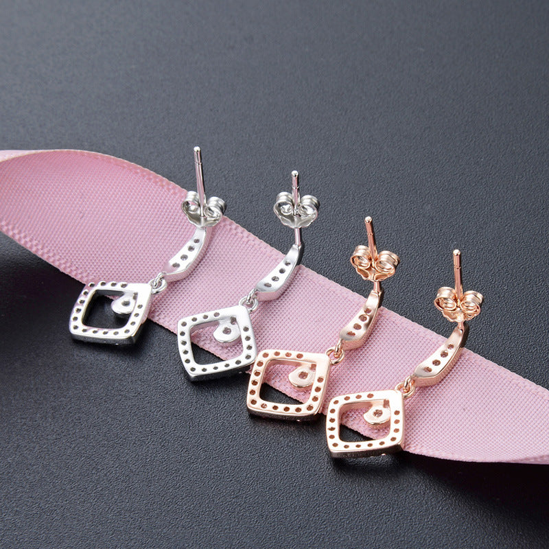 925 Sterling Silver Square Drop Earrings - White Gold/Rose Gold Plated Women's Elegant Dangle Earrings with Plastic Stoppers