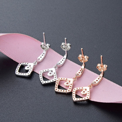 925 Sterling Silver Square Drop Earrings - White Gold/Rose Gold Plated Women's Elegant Dangle Earrings with Plastic Stoppers