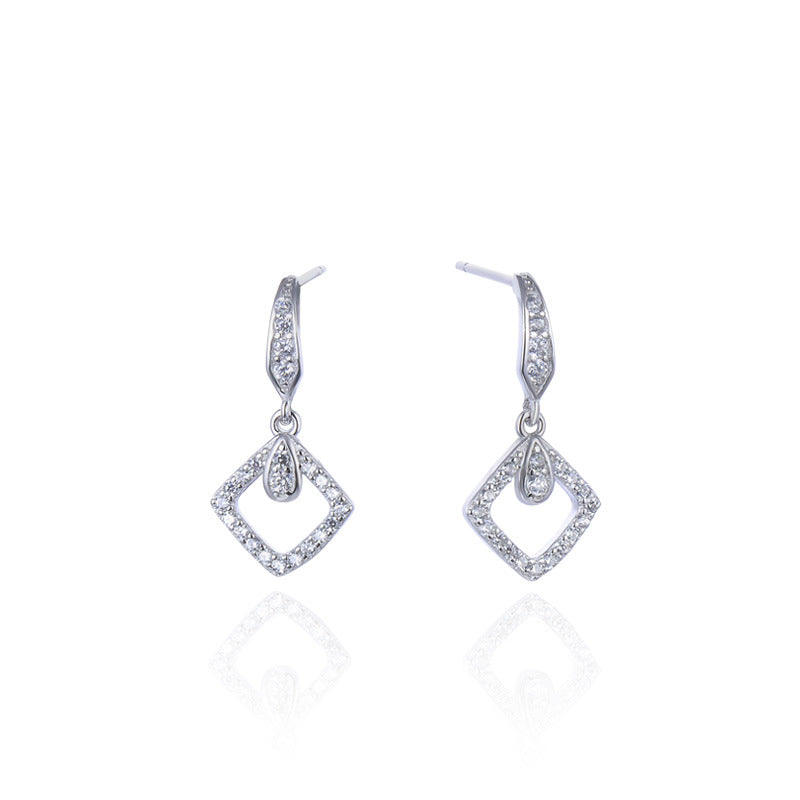 925 Sterling Silver Square Drop Earrings - White Gold/Rose Gold Plated Women's Elegant Dangle Earrings with Plastic Stoppers