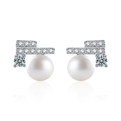 925 Sterling Silver Square Geometric Pearl Stud Earrings with Moissanite Accents Rhodium Plated Luxury Jewelry for Women