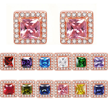 925 Sterling Silver Square "Hearts & Arrows" Zircon Stud Earrings – Premium Birthstone Collection