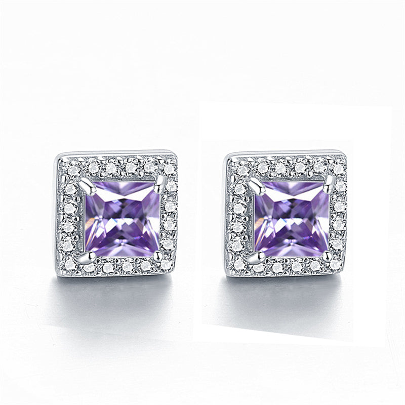 925 Sterling Silver Square "Hearts & Arrows" Zircon Stud Earrings – Premium Birthstone Collection