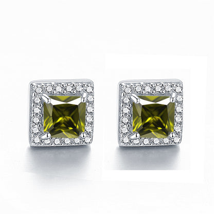 925 Sterling Silver Square "Hearts & Arrows" Zircon Stud Earrings – Premium Birthstone Collection