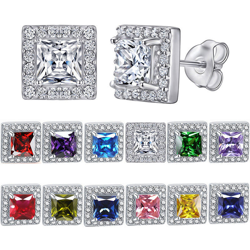 925 Sterling Silver Square "Hearts & Arrows" Zircon Stud Earrings – Premium Birthstone Collection