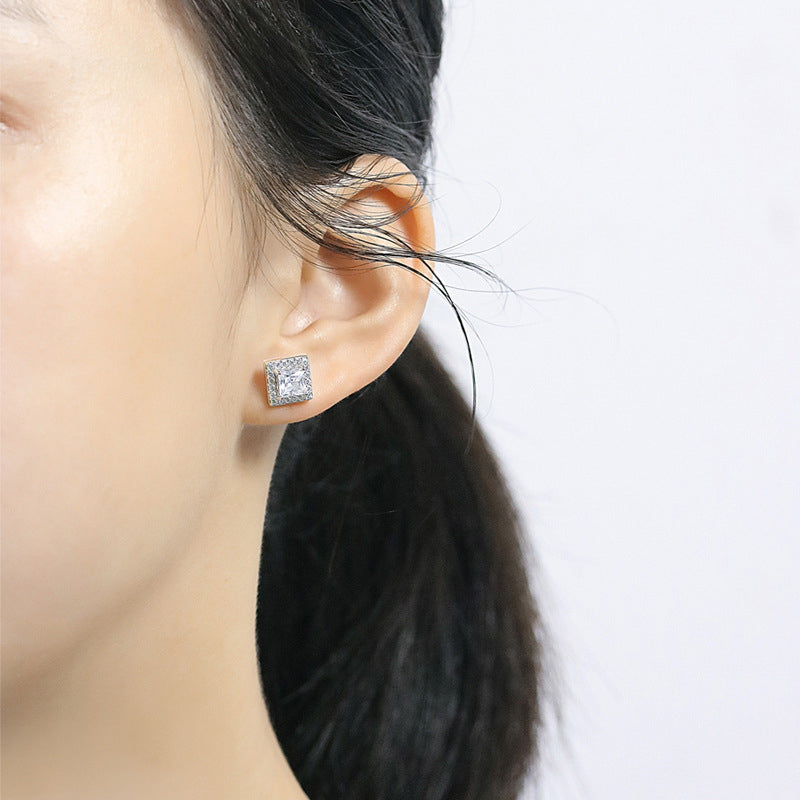 925 Sterling Silver Square "Hearts & Arrows" Zircon Stud Earrings – Premium Birthstone Collection