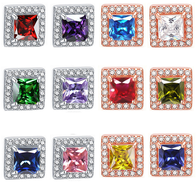 925 Sterling Silver Square "Hearts & Arrows" Zircon Stud Earrings – Premium Birthstone Collection