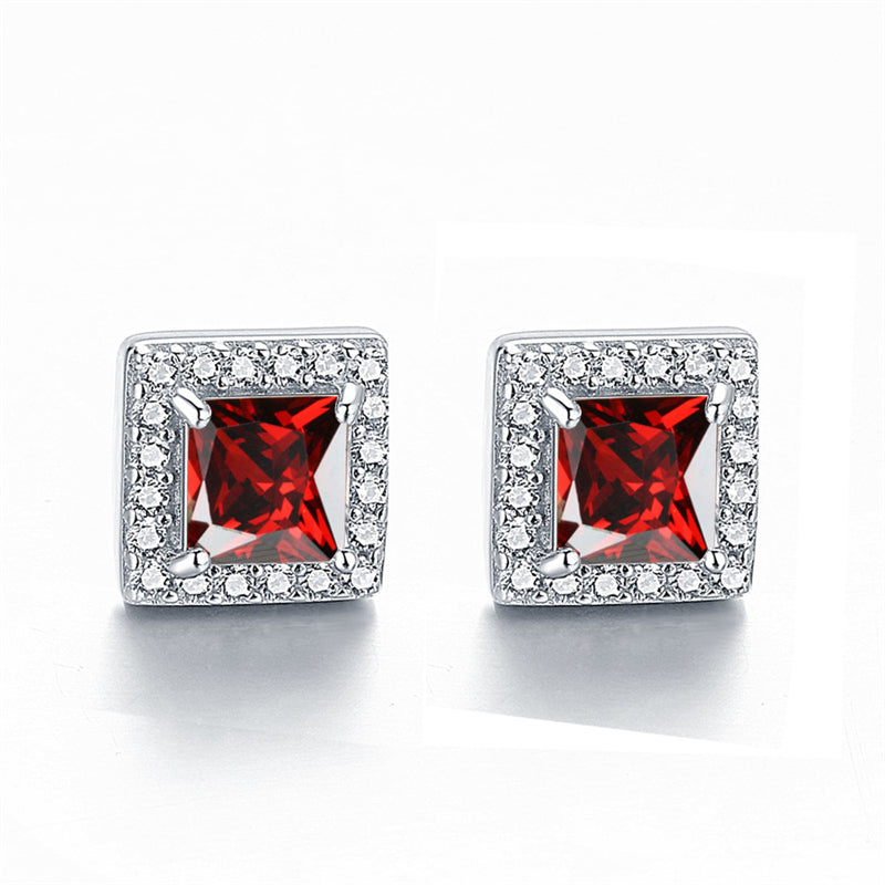 925 Sterling Silver Square "Hearts & Arrows" Zircon Stud Earrings – Premium Birthstone Collection