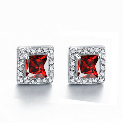 925 Sterling Silver Square "Hearts & Arrows" Zircon Stud Earrings – Premium Birthstone Collection